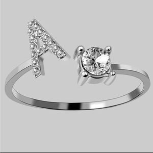 Letter A Adjustable One Size Silver Ring w. Rhinestones